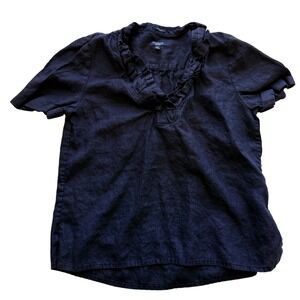 Talbots Women Ruffle V-Neck 100% Linen Short Sleeve Blouse Medium Black Classic